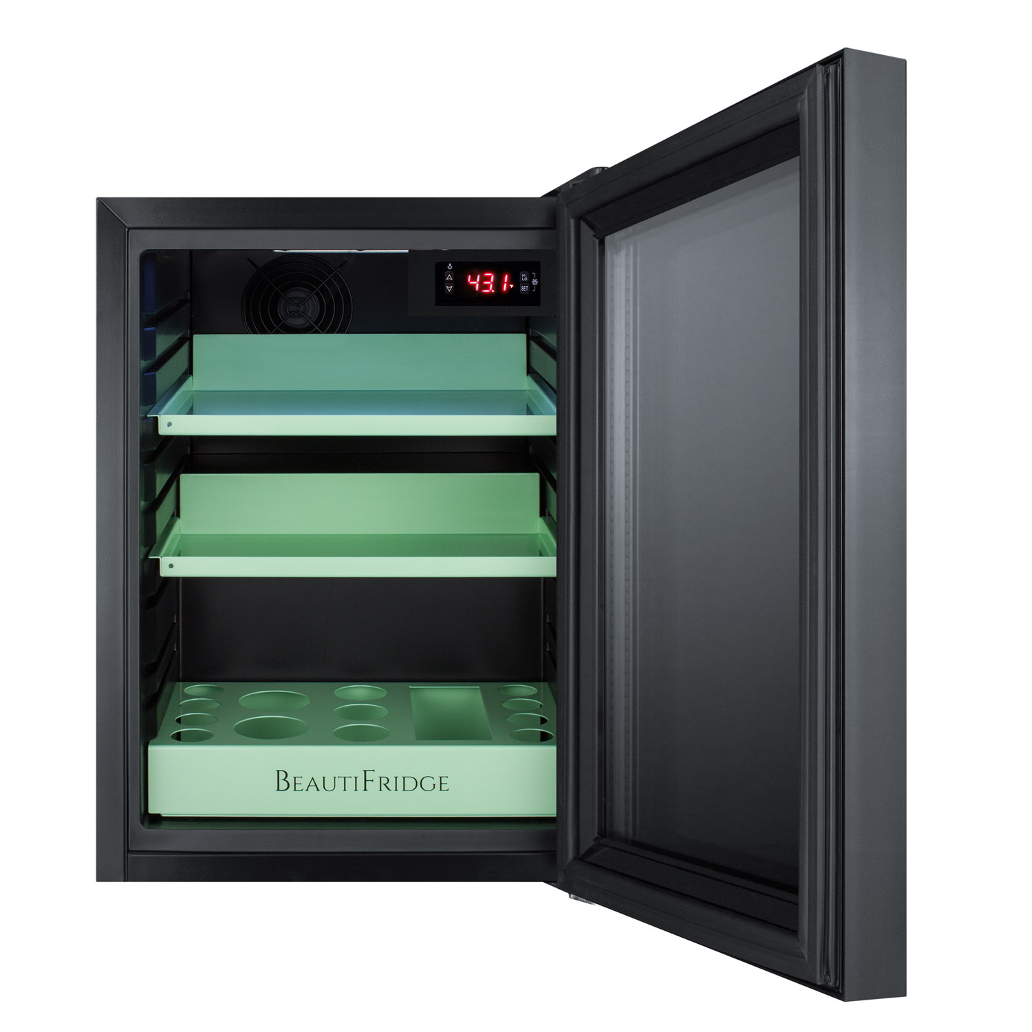 BeautiFridge compact cosmetics cooler with mirror-tinted glass door, black cabinet, lock, glossy mint shelves, and digital controls set for the storage of beauty products